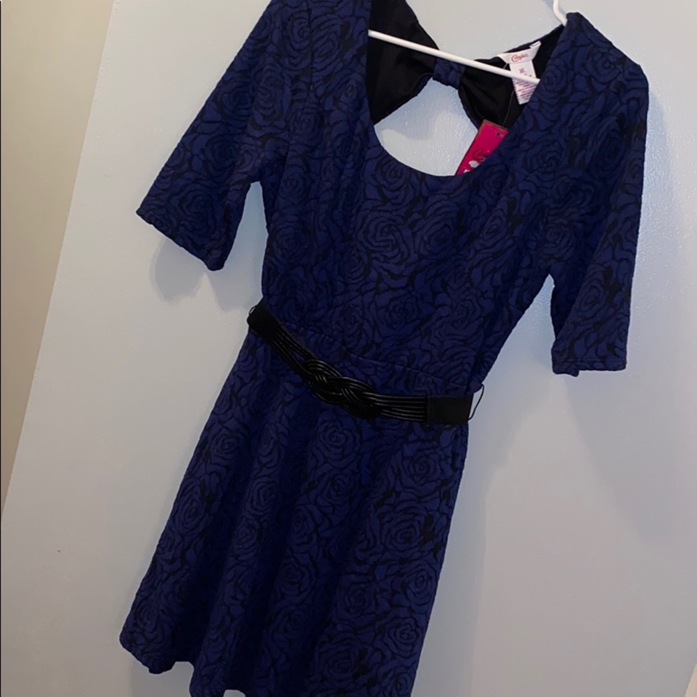 Black and blue floral dress with belt